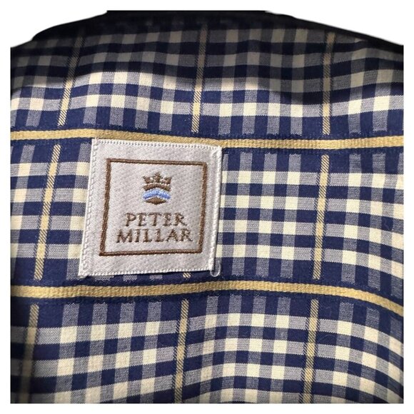 Peter Millar Dark Blue and Brown Gingham Long Sleeve Button Up Shirt X-Large - Picture 3 of 4